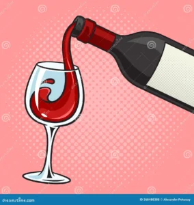 vin versé dans le verre de la bouteille pop art raster rouge est pinup rétro illustration imitation style bande dessinée 268488388